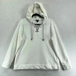 Talbots Women’s Hooded Sweatshirt Top White Size L Front Laced Opening